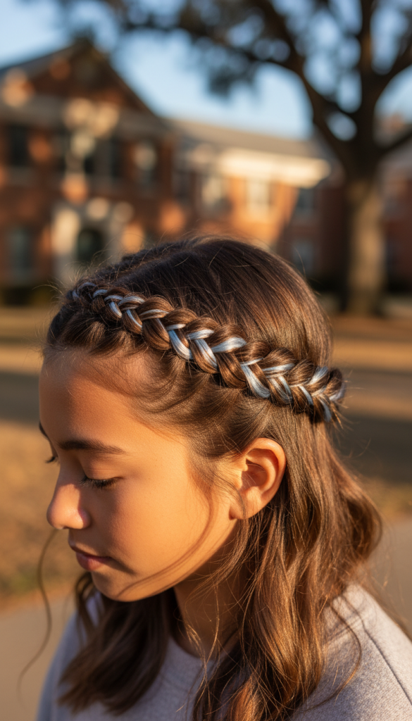 Side crown braid woven with a light grey ribbon accent, styled with natural loose hair.