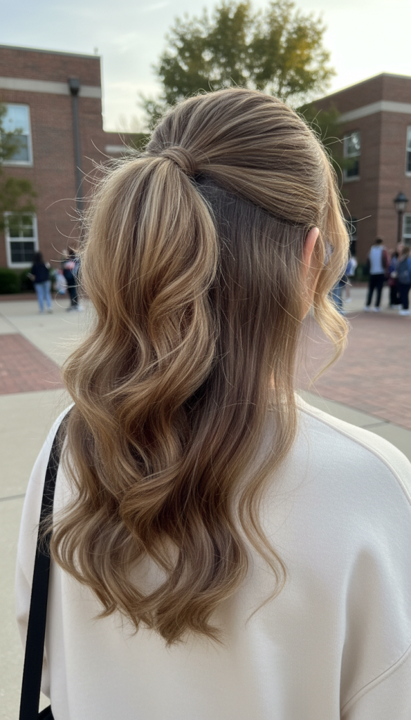 Teen girl with long wavy blonde-brown hair styled in a half-up ponytail, standing outside a school building.