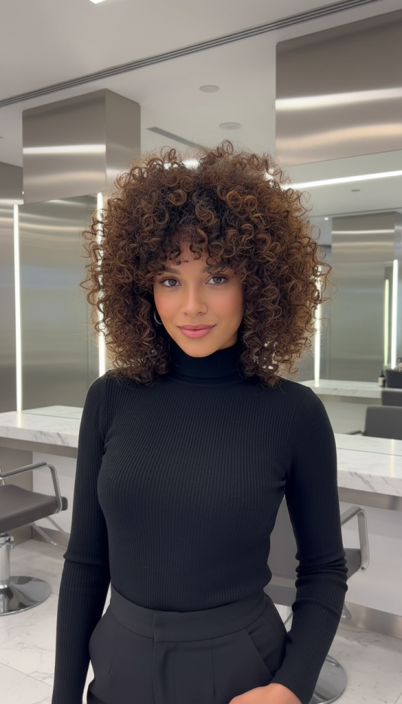 Curly wolf cut hairstyle with defined ringlets, voluminous crown layers, and textured shape enhanced for maximum bounce and movement.