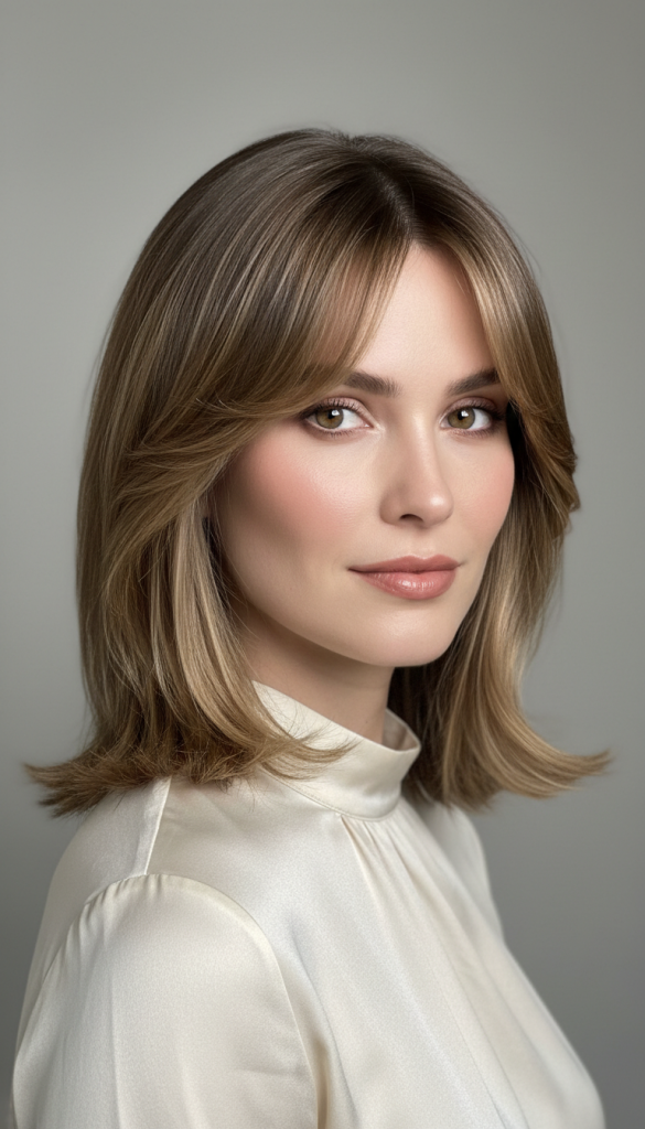 Soft layered butterfly cut with smooth volume and face-framing bangs.