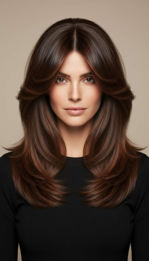 Long layered haircut with soft feathered layers and center part, adding volume and shape to medium-length brown hair.