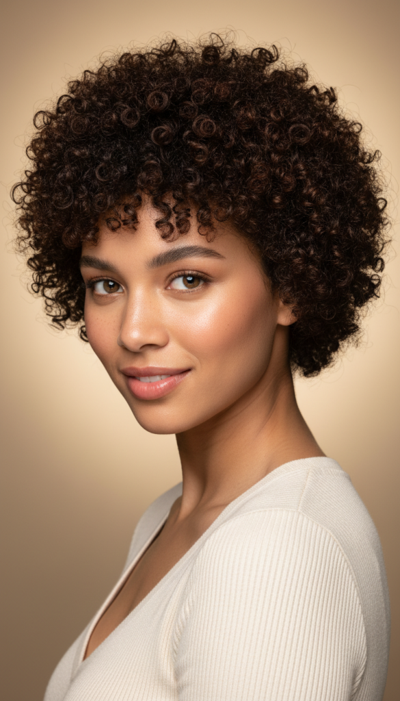 Short curly haircut with defined natural curls and rounded shape, voluminous modern women’s hairstyle.