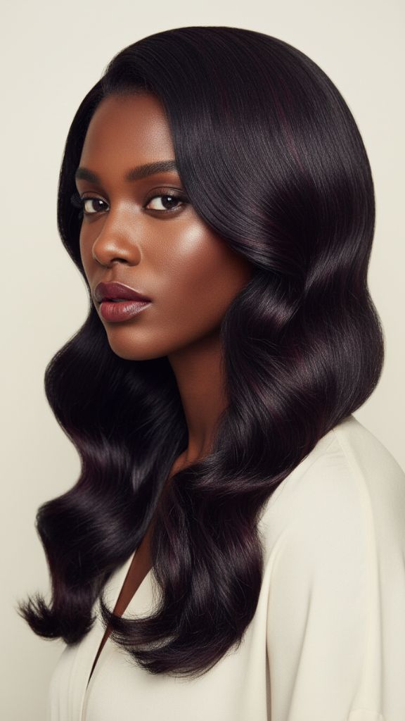 Long dark plum waves styled with a soft side part and smooth glossy finish.