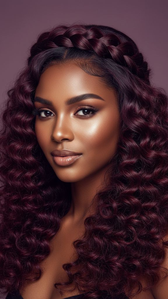 Burgundy curly hairstyle with braided crown on dark skin tone.