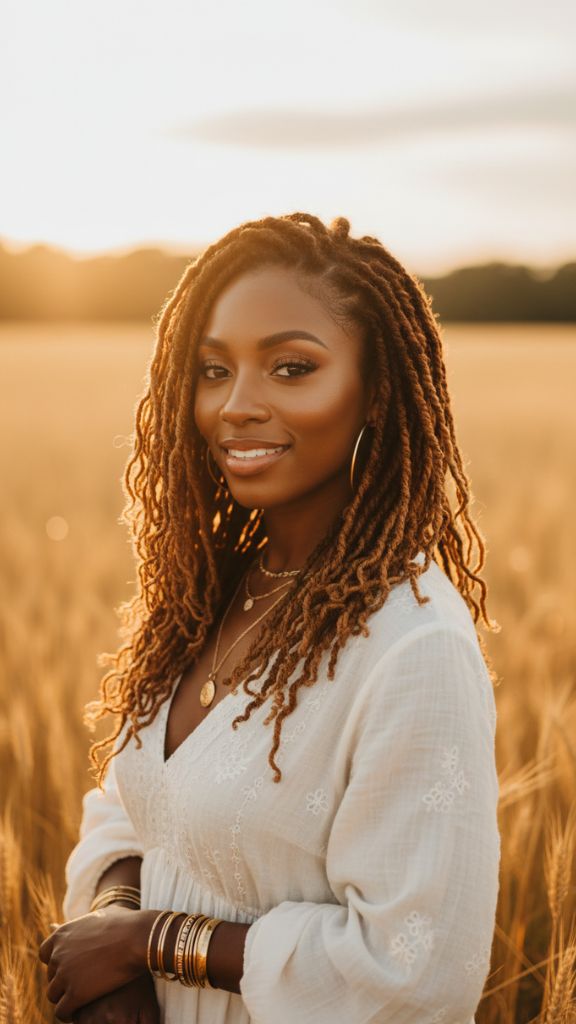 Shoulder-length honey brown locs worn naturally with soft texture in outdoor sunlight.