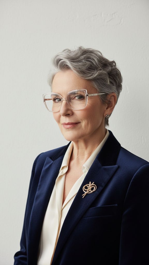 Short textured silver pixie haircut with soft waves on a mature woman wearing glasses.