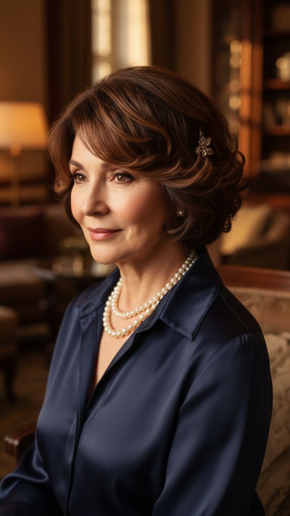 Soft layered short bob with side-swept waves and a decorative hair clip on a mature woman.