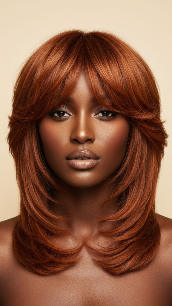 Medium-length copper shag haircut with curtain bangs and feathered layers.