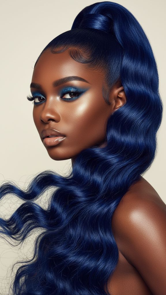 Long deep-blue wavy ponytail styled high on the crown with sleek roots.