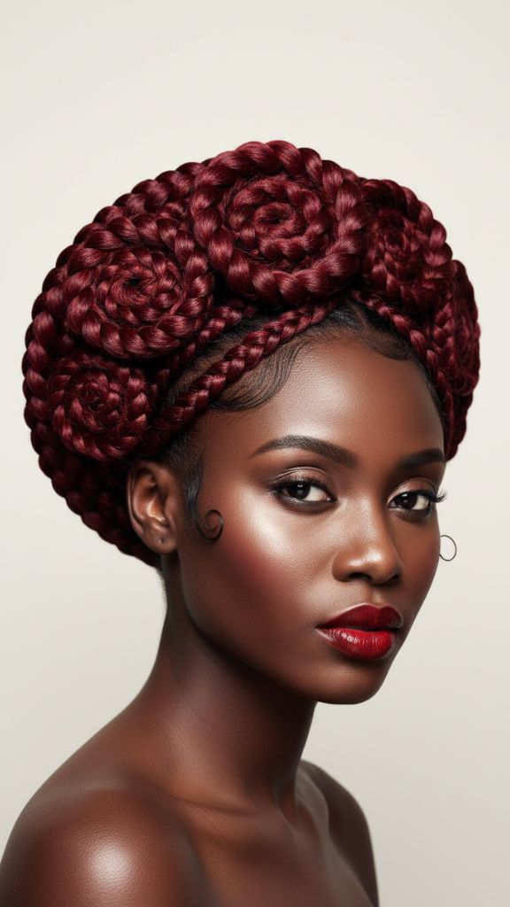 Intricate braided updo with burgundy braids styled into rose-like spiral patterns.