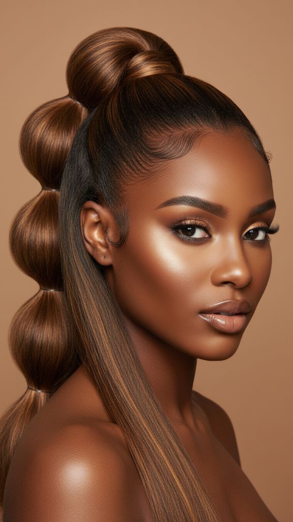 High ponytail styled with multiple bubble sections running down the length of the hair.