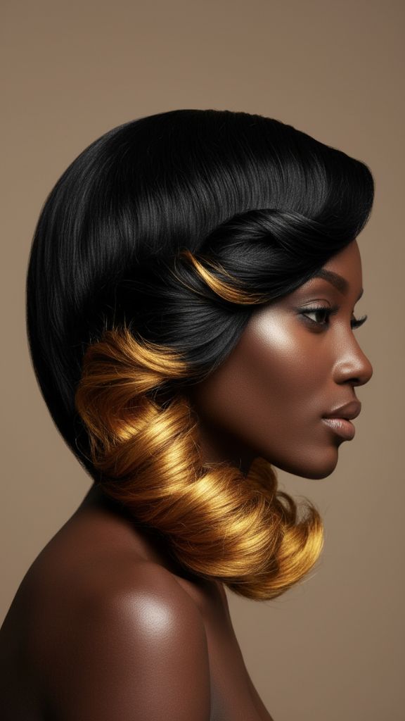 Side-view bob hairstyle with black roots fading into curled golden ombre ends.