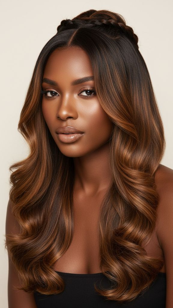 Long wavy hair with caramel highlights and a soft crown braid on dark skin.
