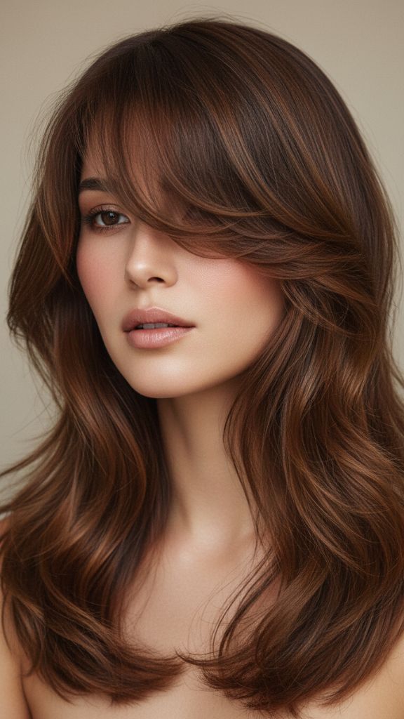 Long warm-brown layered hairstyle with flowing waves and side-angled bangs covering part of the forehead.