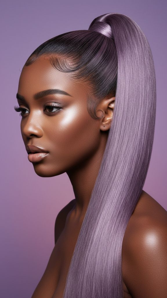 Side profile showing a long lavender high ponytail with a sleek crown and smooth straight length.