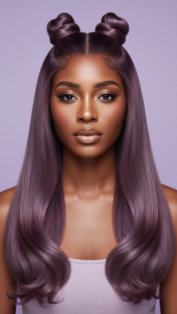 Long plum hair with two small space buns on top and sleek straight length