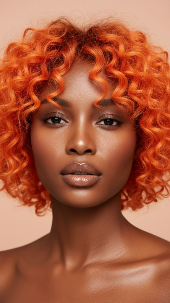 Bright orange curly bob framing the face with defined springy curls.