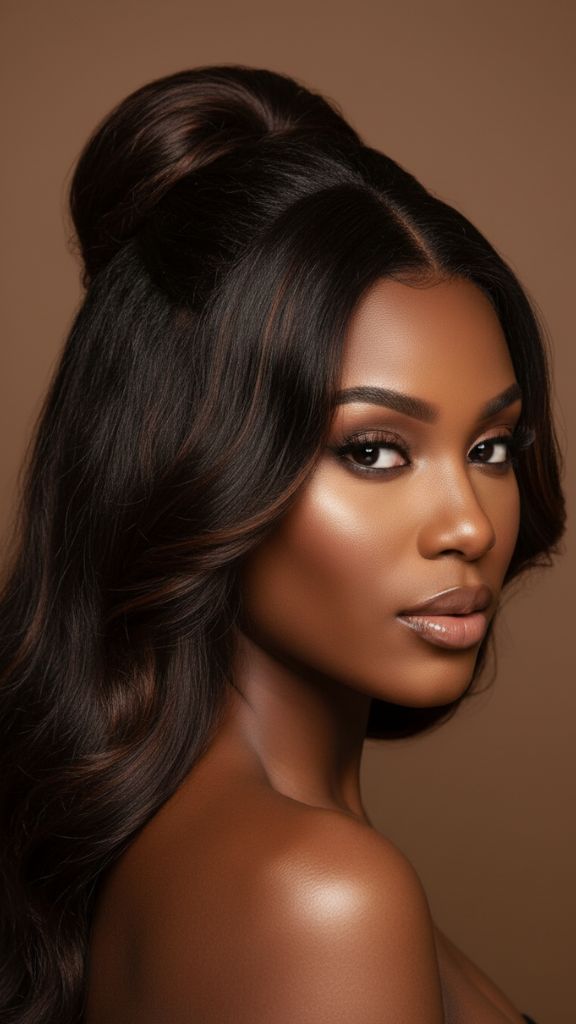 Half-up bun with long chocolate brown waves on dark skin tone.
