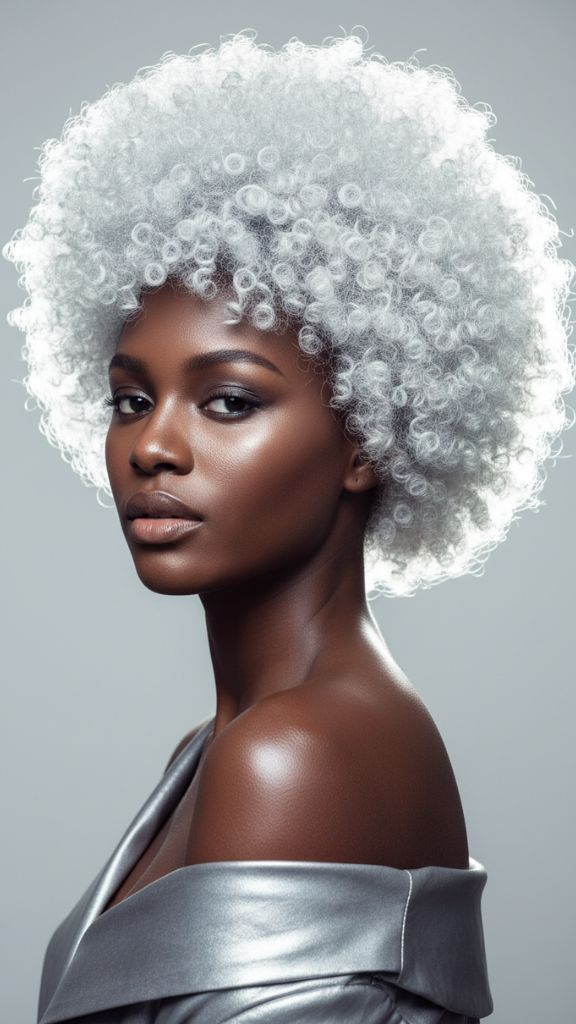 Voluminous silver afro with tight natural curls creating a soft rounded shape.