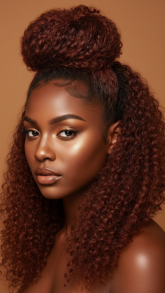 Copper curly half-up bun with long textured curls on dark skin tone.