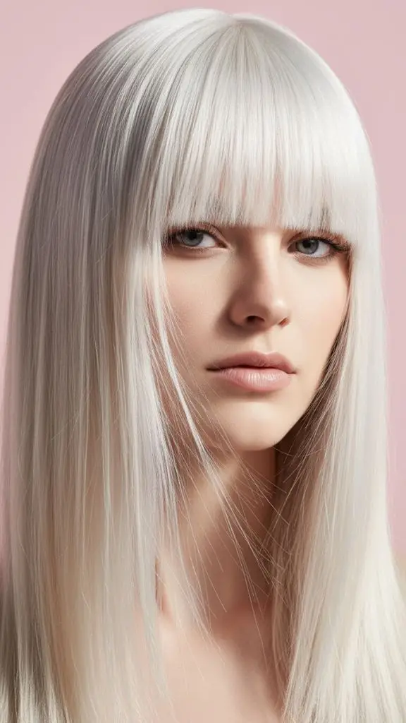 sleek platinum blonde straight hair with smooth fringe