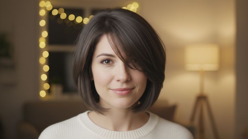 Chin Length Hairstyles with side-swept bangs and softly layered bob styled indoors with warm lighting.