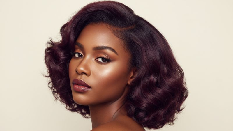 Burgundy shoulder-length waves as a stylish hair color idea for dark skin.