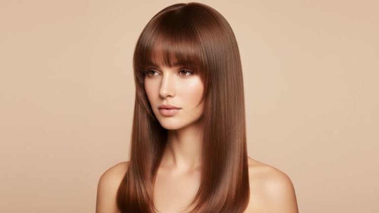 smooth copper brown straight hair with bangs and silky texture