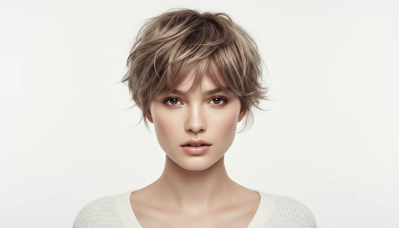 Woman with a trendy bixie haircut featuring soft layers and airy volume