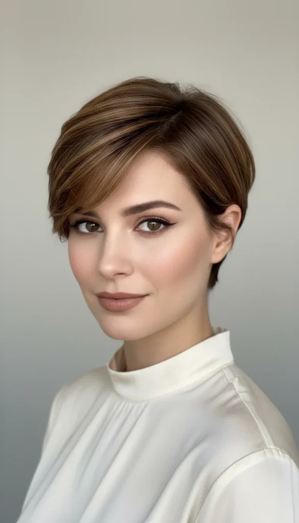 Classic bixie haircut with short layers and soft feathered ends.