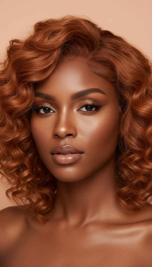 Shoulder-length copper curly bob with soft side part on dark skin tone.