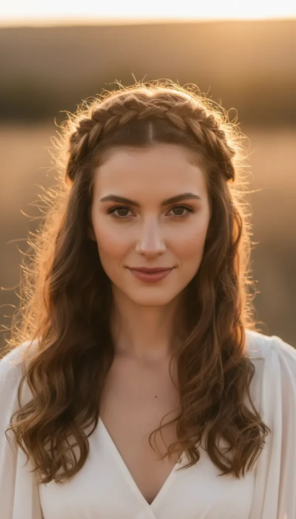 braided crown hairstyle with loose waves reducing forehead emphasis.