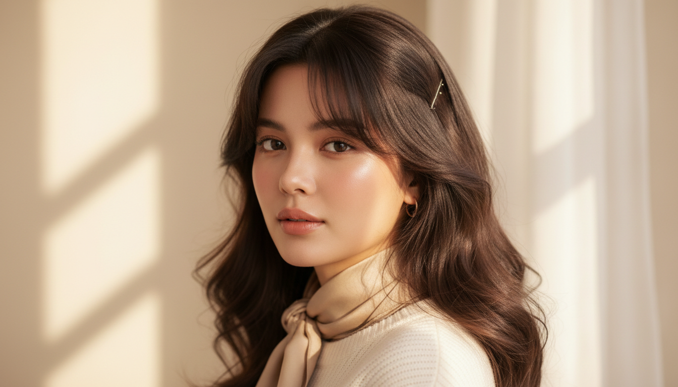 Soft long wavy hairstyle with a delicate side hair pin that complements square face shapes.