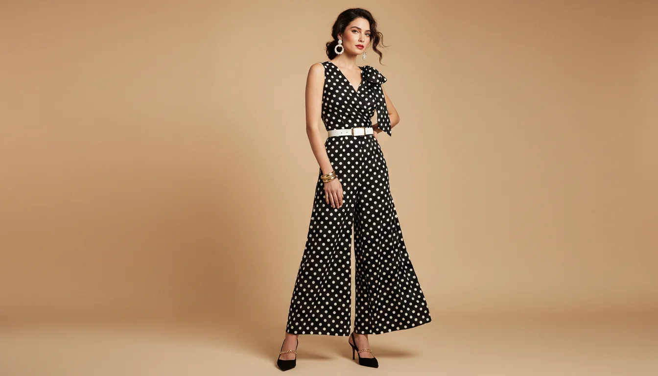 woman wearing stylish polka dot outfit ideas modern chic fashion elegant look.