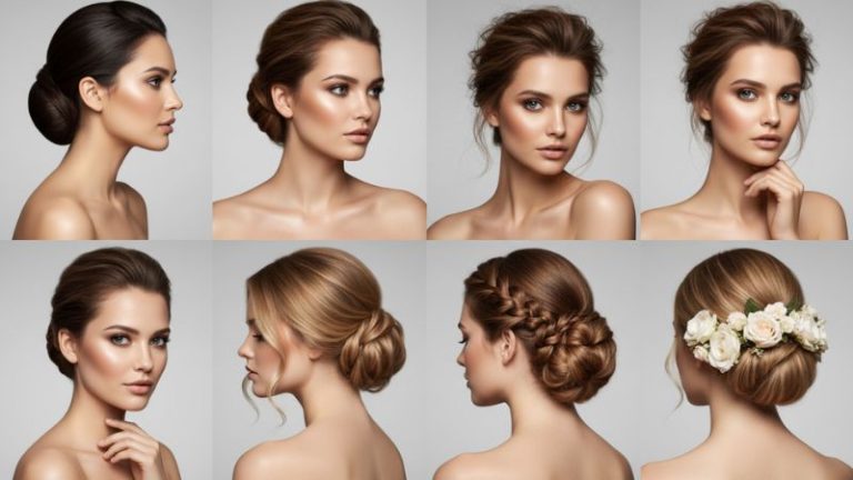 Collage of female models showing classic low chignon, messy low bun, sleek low knot, braided low bun, wavy low updo, and floral low updo hairstyles.