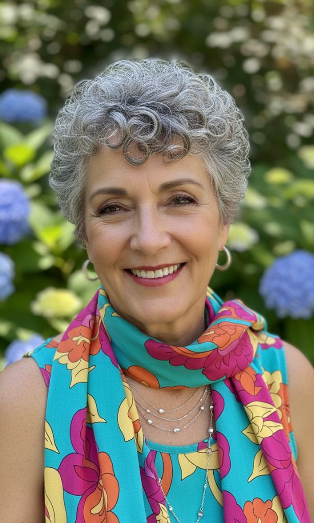 Short soft curly crop haircut with natural silver hair for women over 70.
