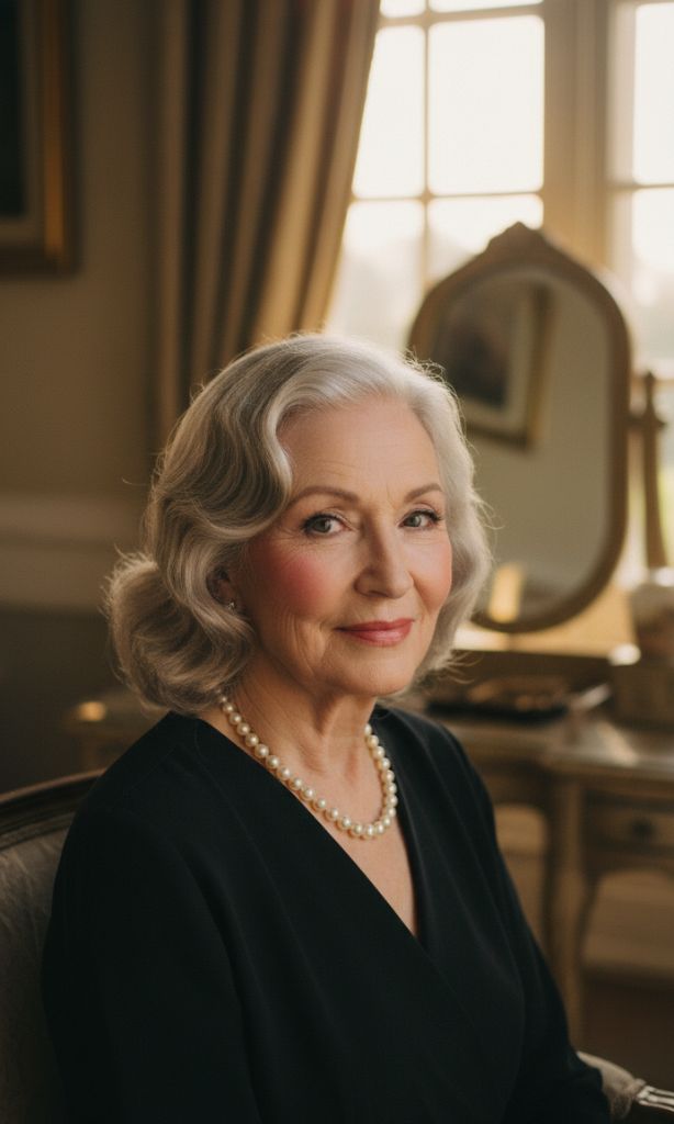 Soft wave bob hairstyle with natural silver hair for women over 70.