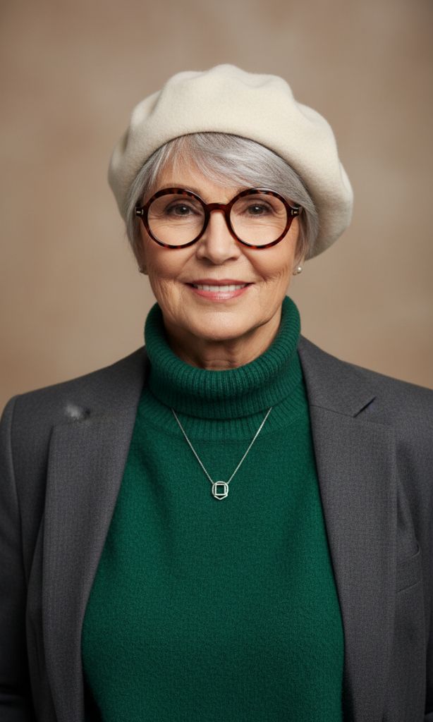 Short tapered silver haircut for women over 70 wearing glasses and a beret.