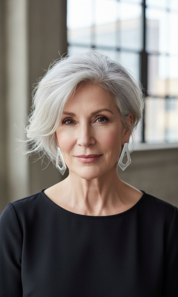 Short side-swept pixie haircut with natural silver hair for women over 70.