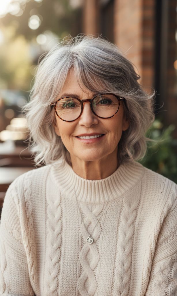 Feathered medium layered haircut with natural gray hair for women over 70 wearing glasses.