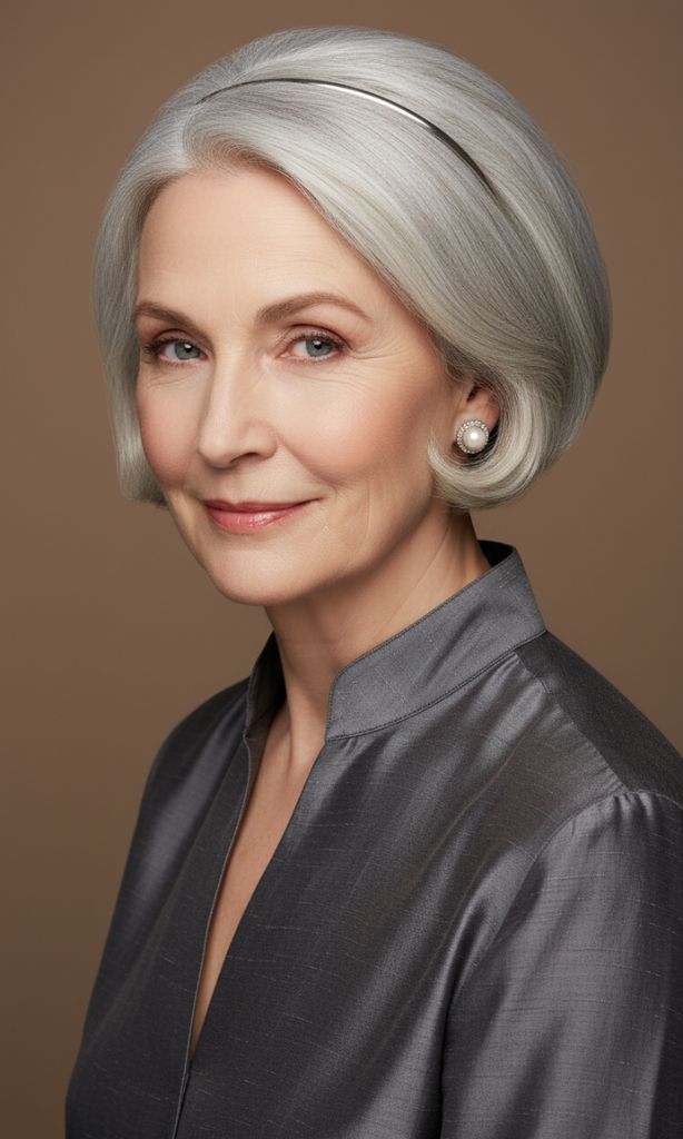 Chin-length rounded bob hairstyle with smooth silver hair for women over 70.