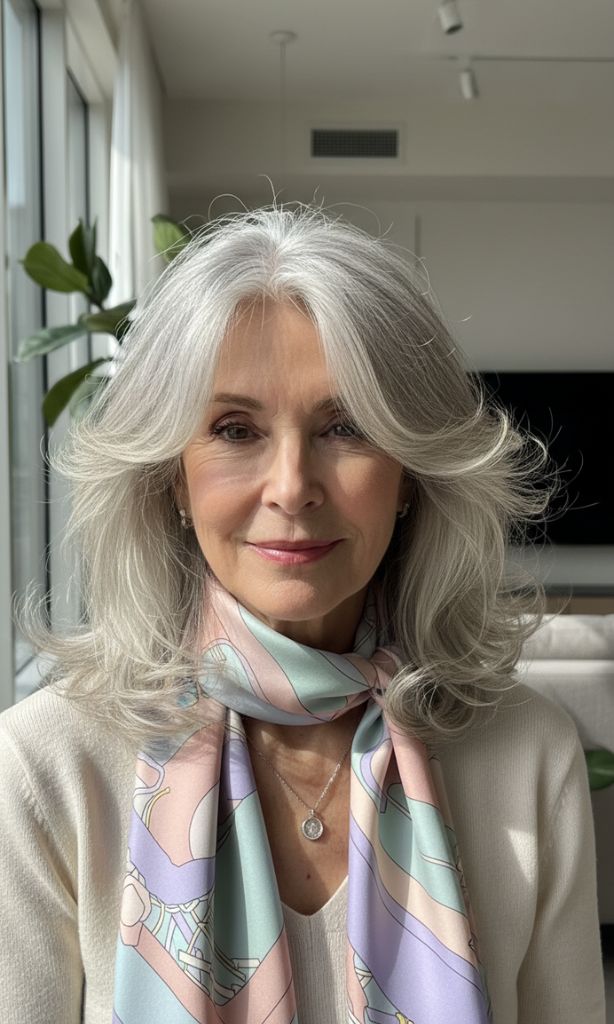 Long layered silver hairstyle for women over 70 with soft volume and movement.