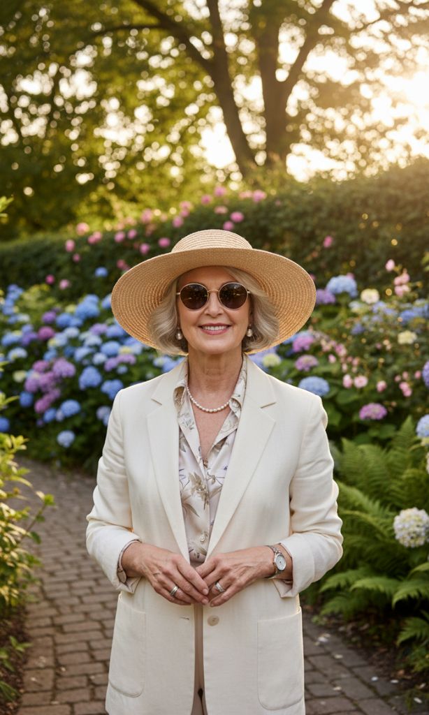 Shoulder-length silver hairstyle for women over 70 wearing a sun hat outdoors.