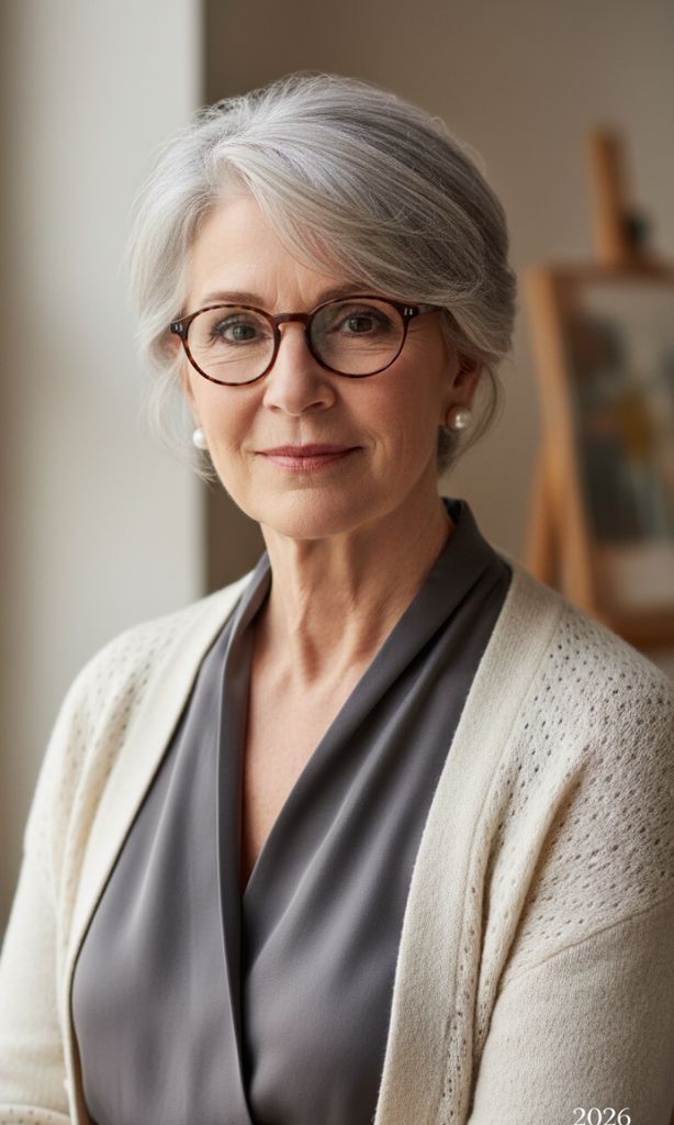 Short layered silver hairstyle for women over 70 wearing glasses.