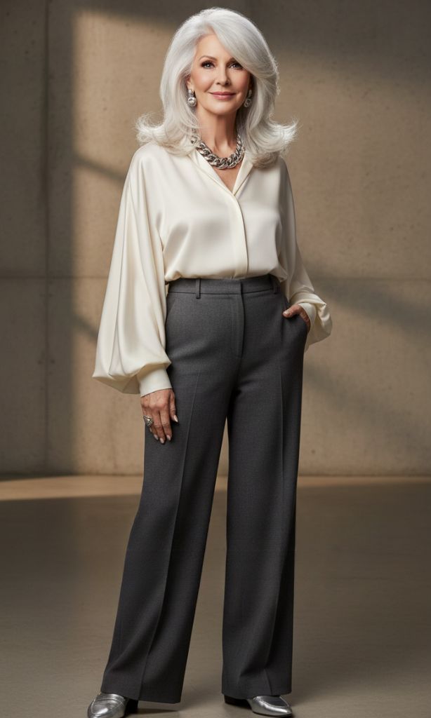Long layered silver hairstyle for women over 70 with soft volume.