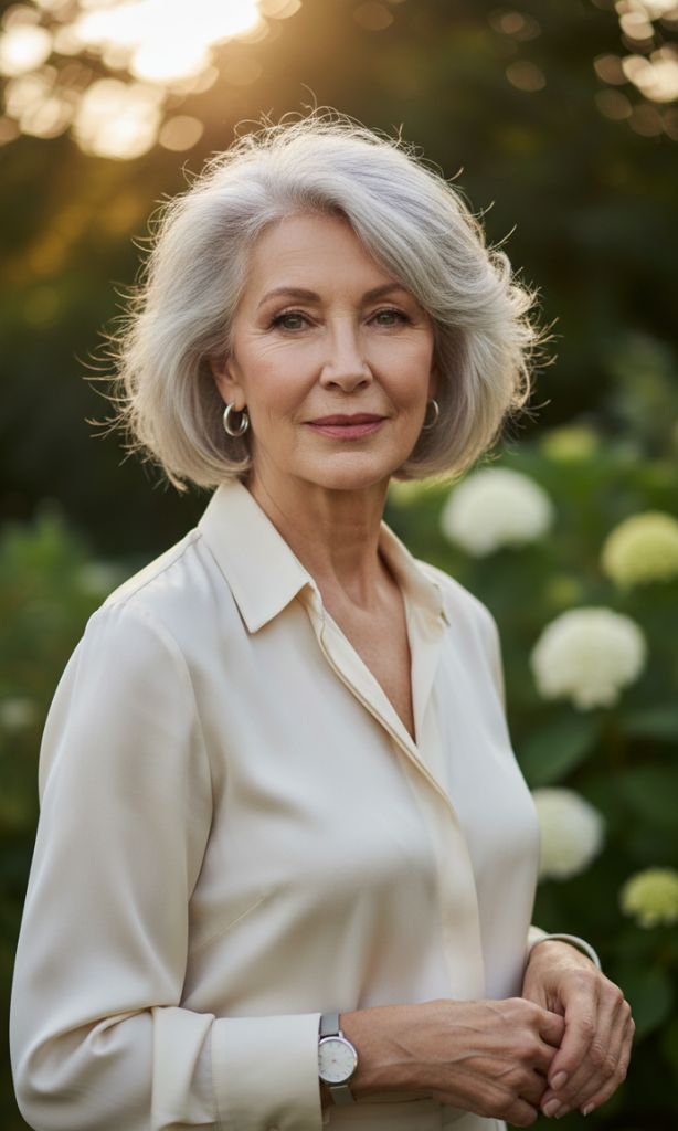 Soft textured bob hairstyle with natural gray hair for women over 70 outdoors.