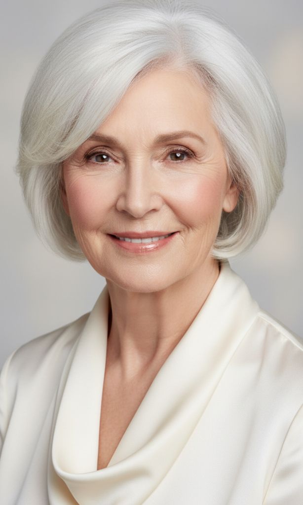 Chin-length smooth silver bob haircut for women over 70.