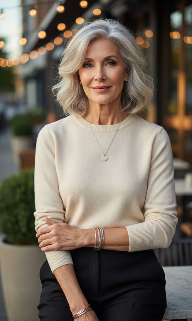 Medium-length textured silver bob hairstyle for women over 70.