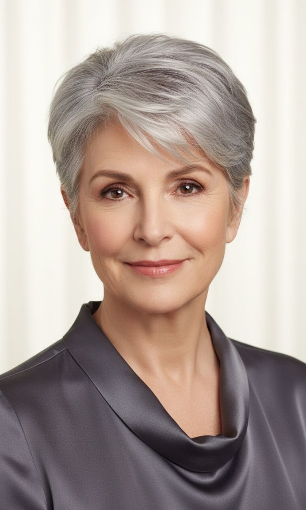 Short layered pixie Latest Haircuts for Women Over 70 in 2026–2027 with natural silver hair for women over 70.