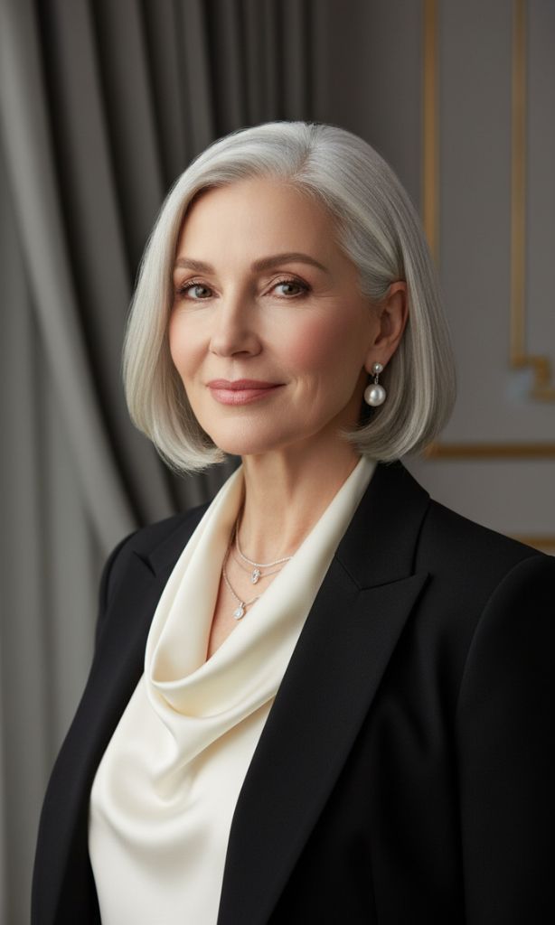 Smooth chin-length silver bob hairstyle for women over 70.